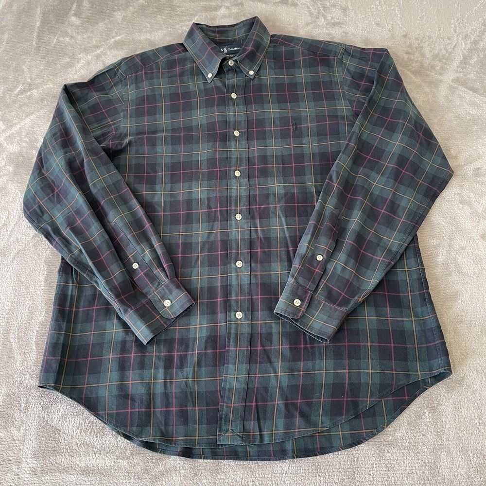 Vintage Polo Ralph Lauren Button Down Shirt Men Large Hunter Green Plaid Classic